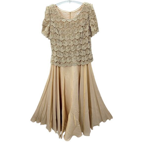 Michaelangelo Pink Iridescent Chiffon Lace Formal Short Sleeve Fit n Flare Dress - Picture 1 of 16